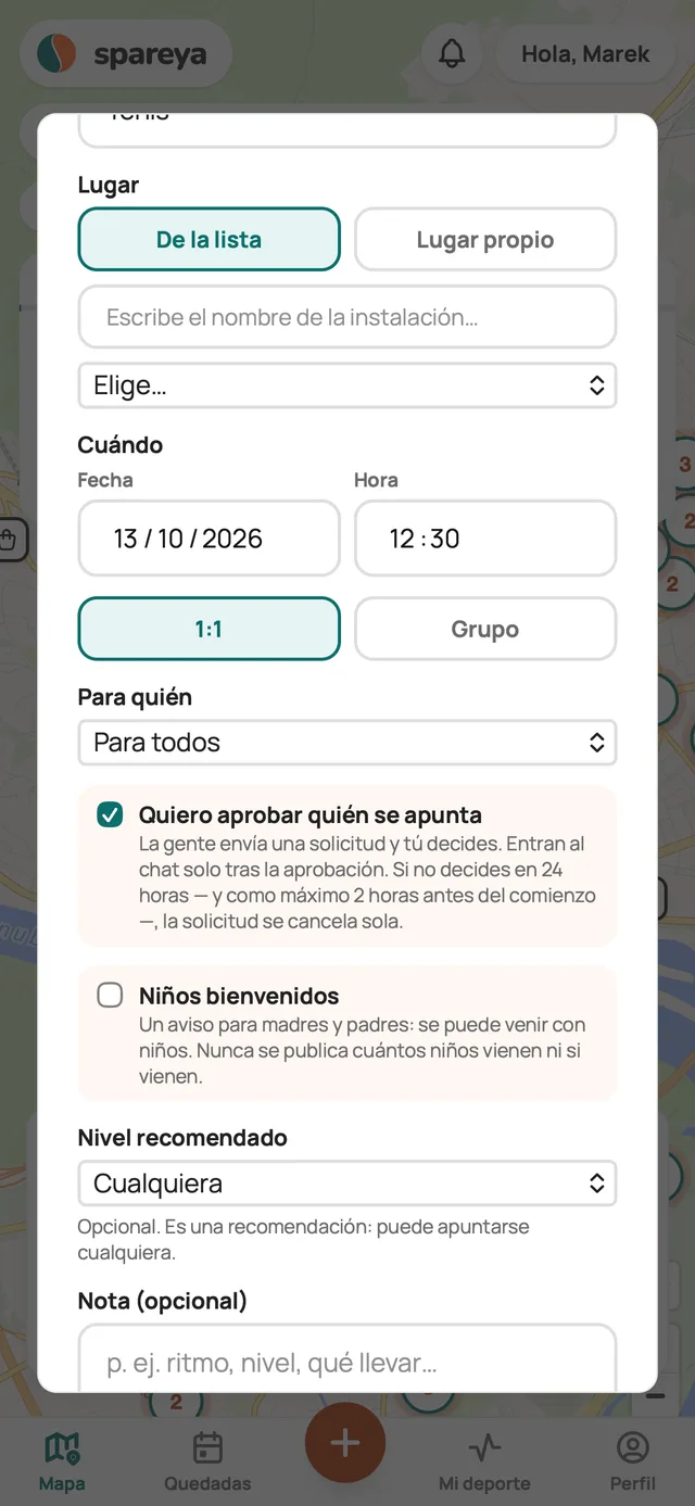 Creas una quedada